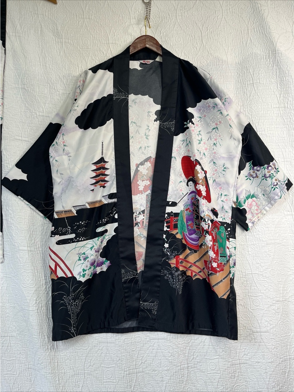 Vintage Japanese Marukyo Kimono Robe Women Geisha Cherry Blossoms Art To Wear L